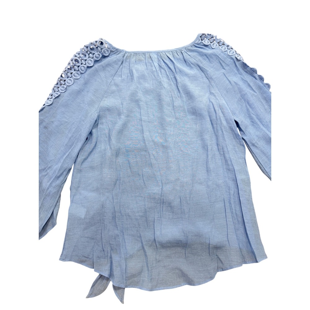 PerSeption Concept Lace Trim Blouse Womens L Blue Crochet Sleeve Front Tie Top - Picture 6 of 9